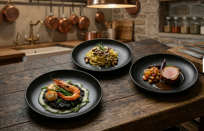 Pratos gourmet servidos em cozinha rústica